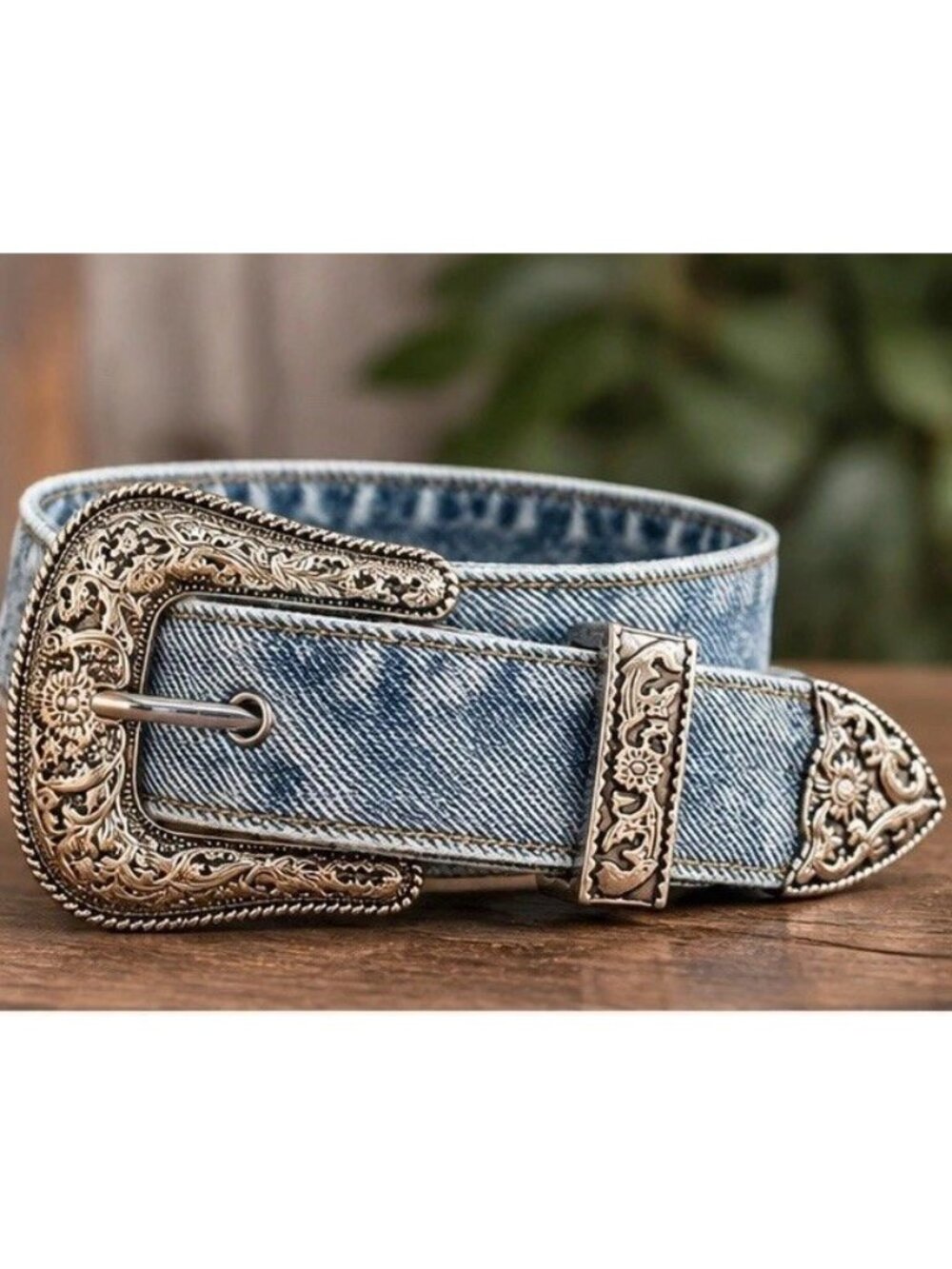 Western Denim Belt Silver Tone Engraved Buckle Acid Wash Cowgirl Y2K Size Small